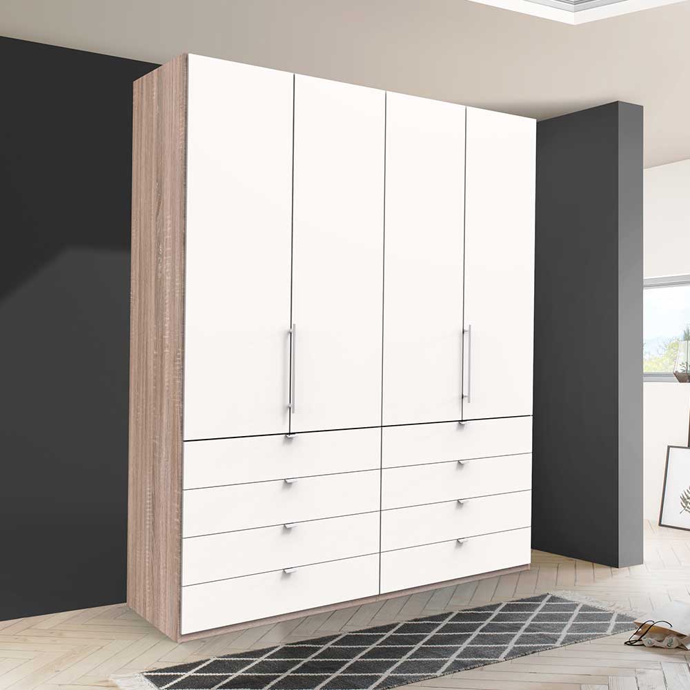 Weißer Kleiderschrank Lolyana in modernem Design mit Eiche Sägerau Korpus