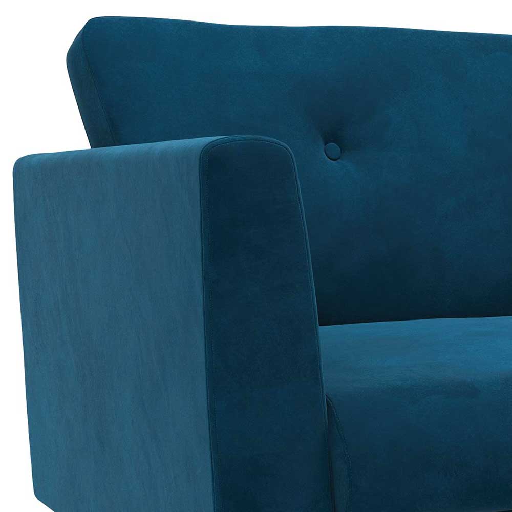 Retrostil Sofa Mutonios in Blau mit Vierfußgestell aus Holz