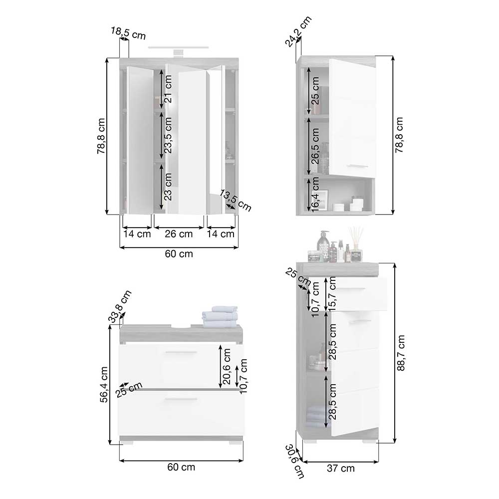 Badmöbel mit Spiegelschrank Hayoran Hochglanz Front 168 cm hoch (vierteilig)