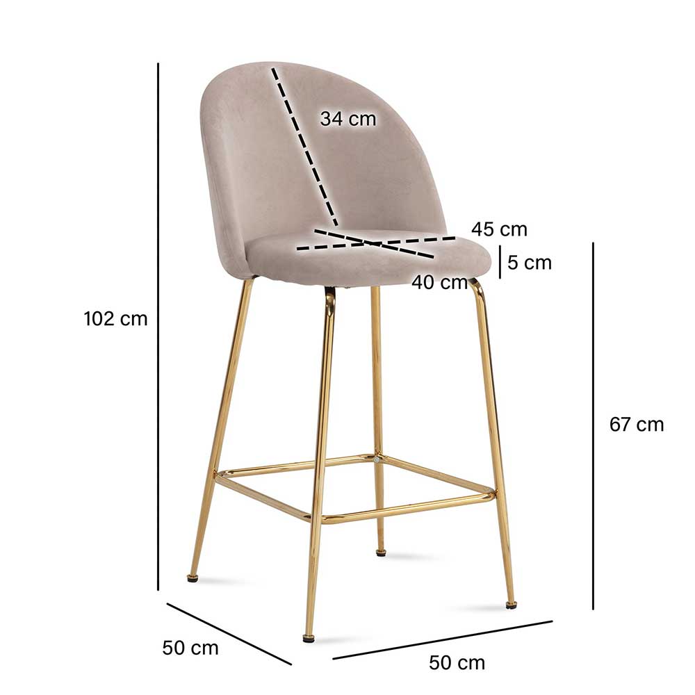 Designbarhocker Navua mit Vierfußgestell aus Metall in Goldfarben (2er Set)