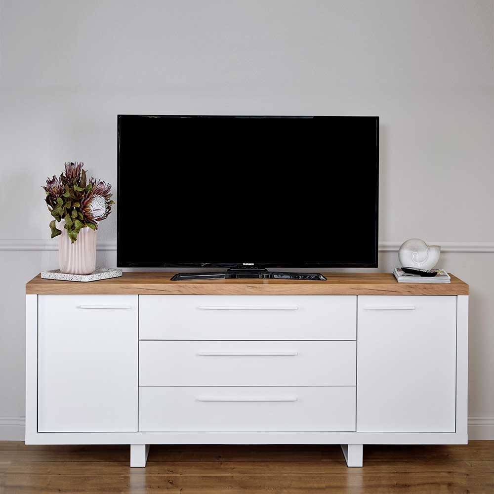 TV Sideboard Oliva in Weiß und Kerneiche mit Schubladen