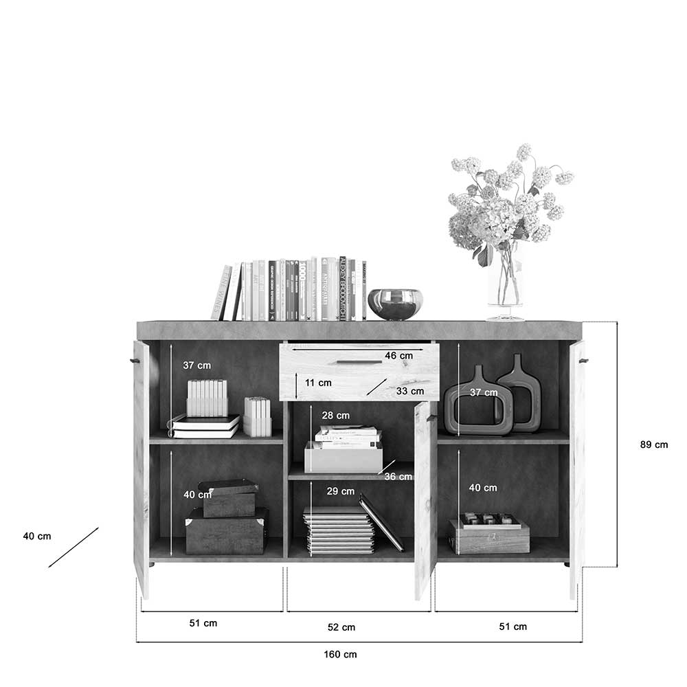 Sideboard Palais in Wildeichefarben und Beton Optik Grau 160 cm breit