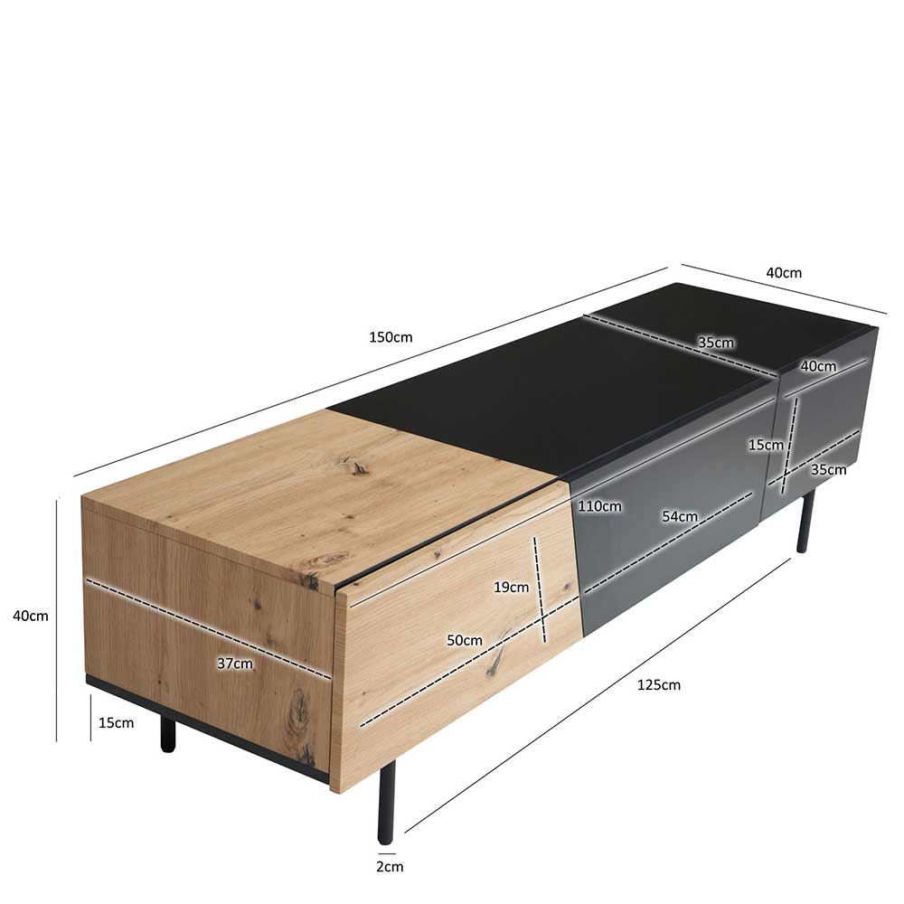 Lowboard Ortava in Wildeichefarben und Schwarz 150 cm breit