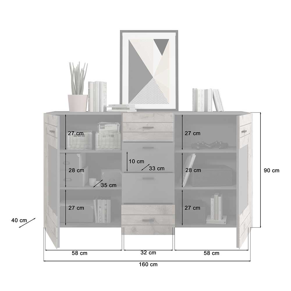 Esszimmersideboard Contreros in Wildeichefarben und Grau 160 cm breit