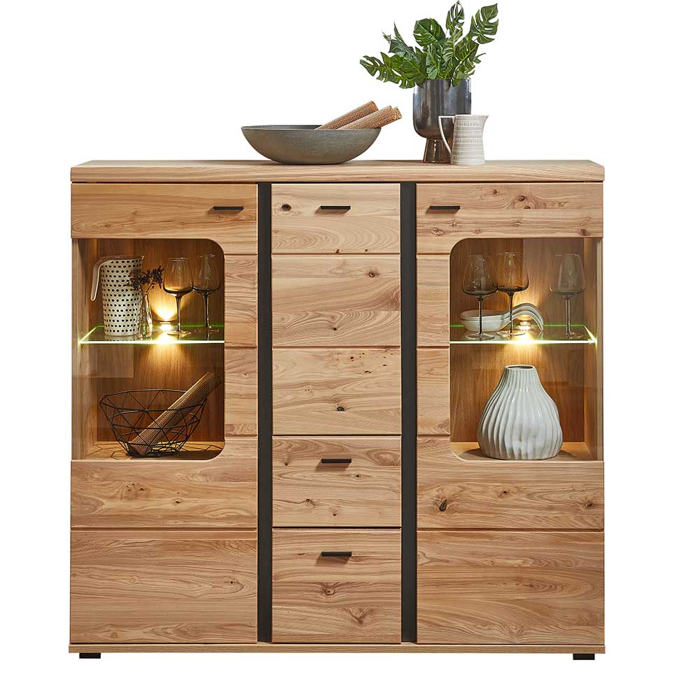 Highboard Sebetino mit LED Beleuchtung und zwei Glasböden