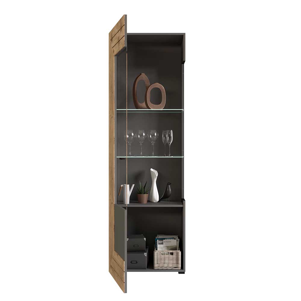 Wohnzimmer Vitrinenschrank Contreros in Wildeichefarben und Grau 194 cm hoch