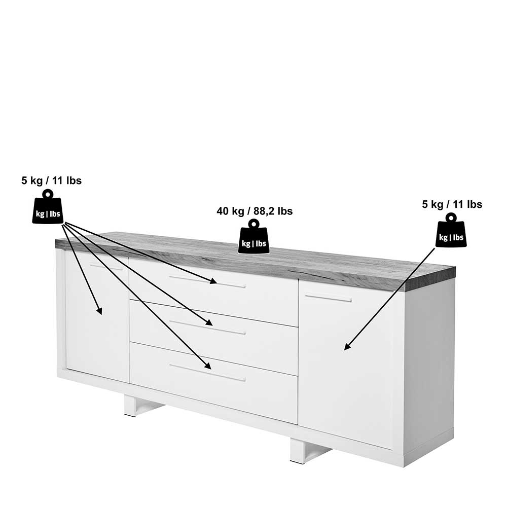 TV Sideboard Oliva in Weiß und Kerneiche mit Schubladen