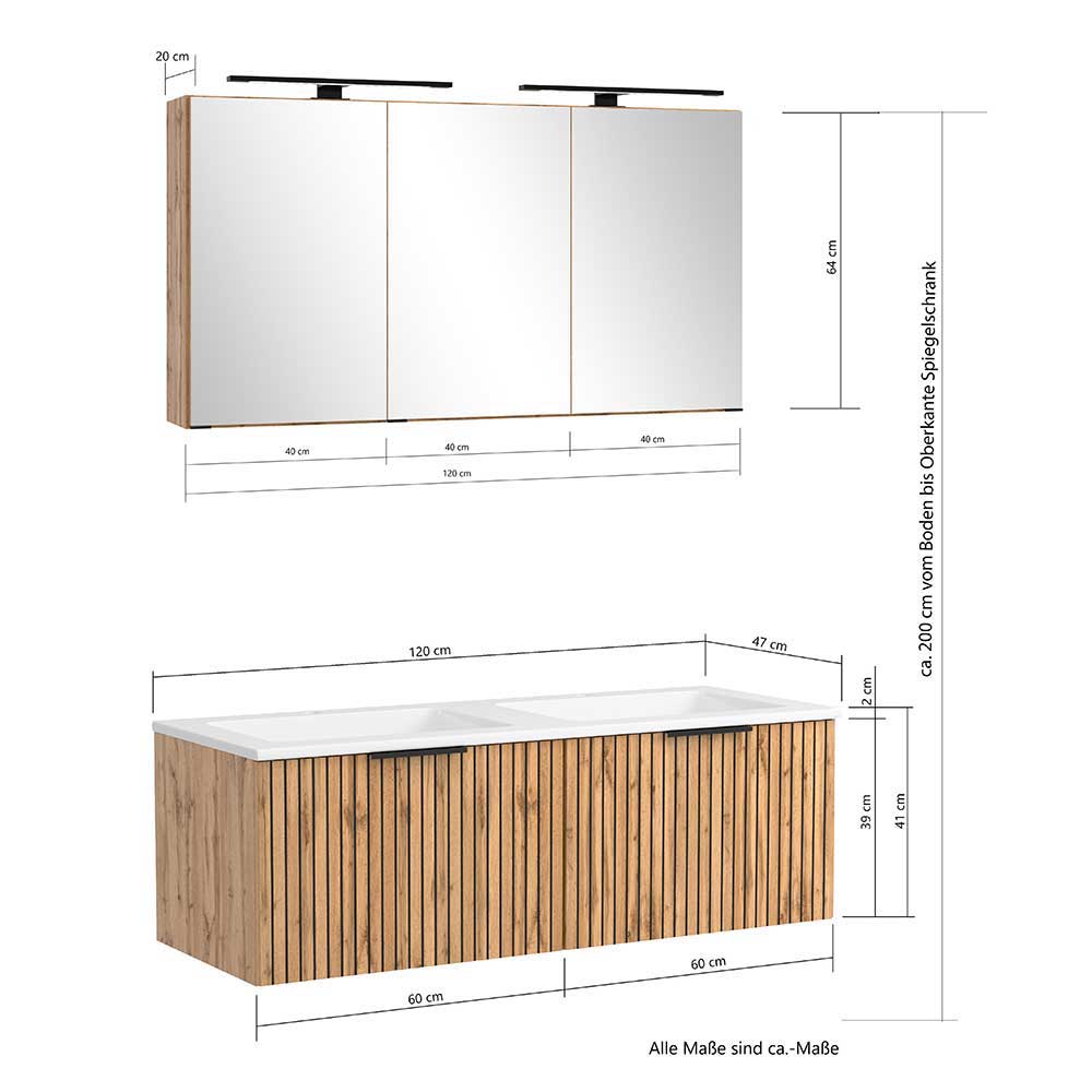 Doppelwaschtisch Badezimmermöbel Cadama in Wildeiche NB 47 cm tief (dreiteilig)