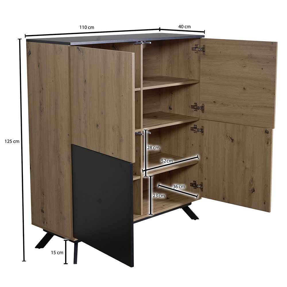 Highboard Lunau in Schwarz und Eichefarben mit Drehtüren