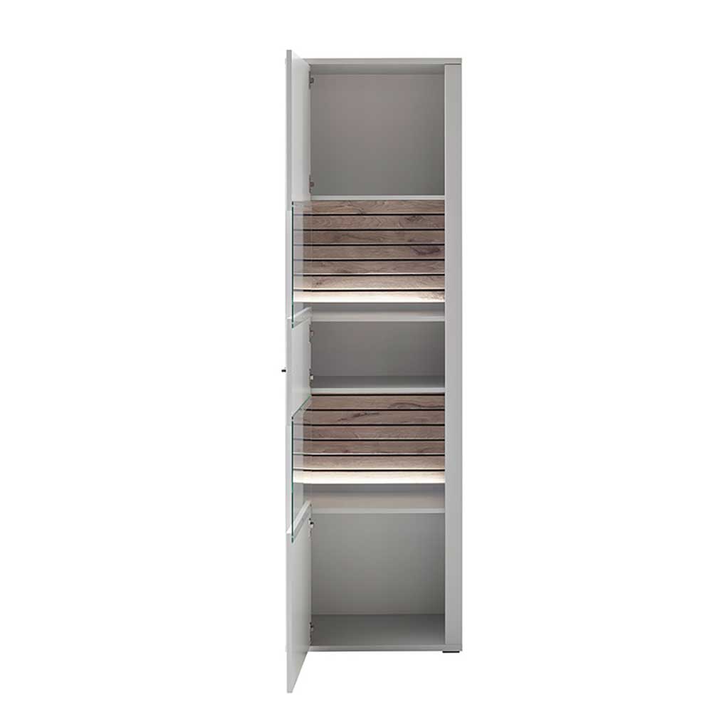 Schrank Vitrine Polar in Weiß und Wildeiche Holzoptik 206 cm hoch