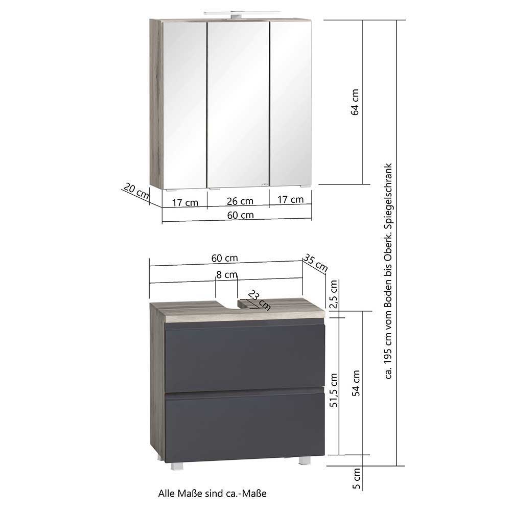 Design Badezimmermöbel Set Fregato in Dunkelgrau und Wildeichefarben (fünfteilig)