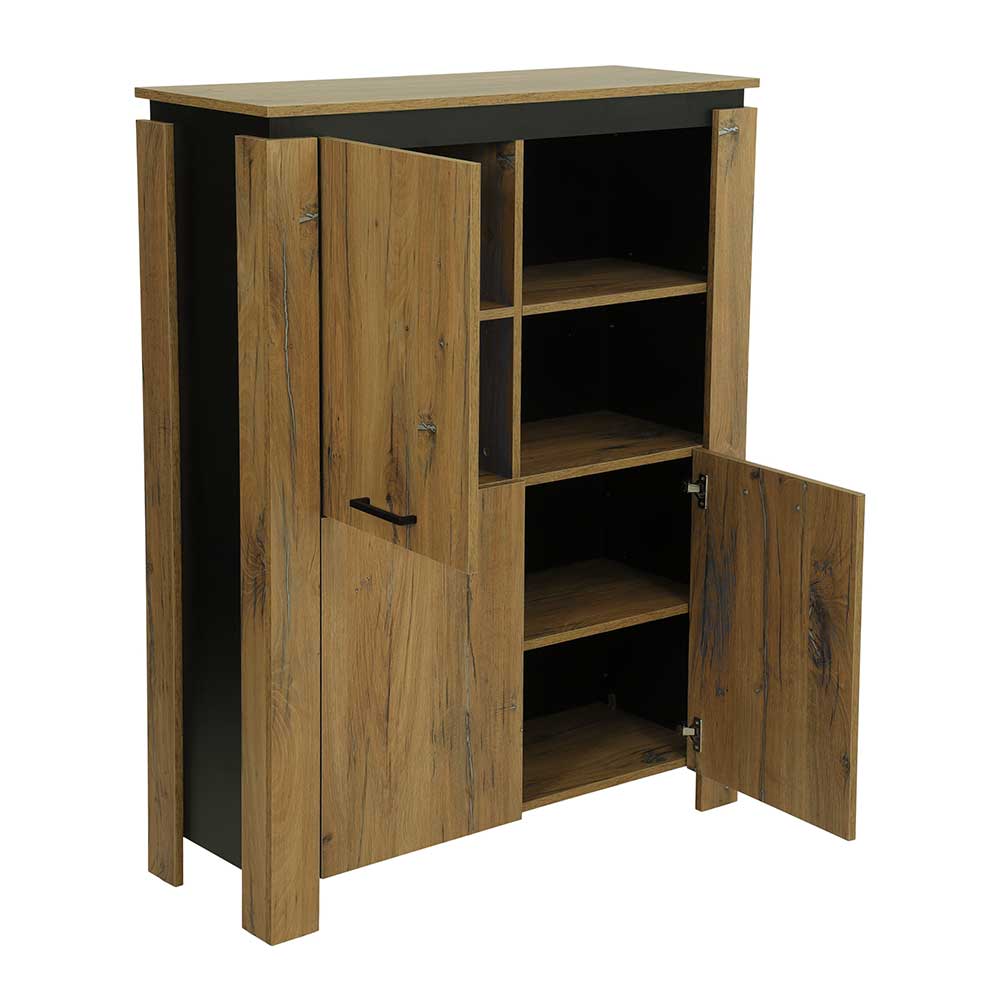 Modernes Highboard Maduera in Zinneichefarben und Schwarz 3 türig