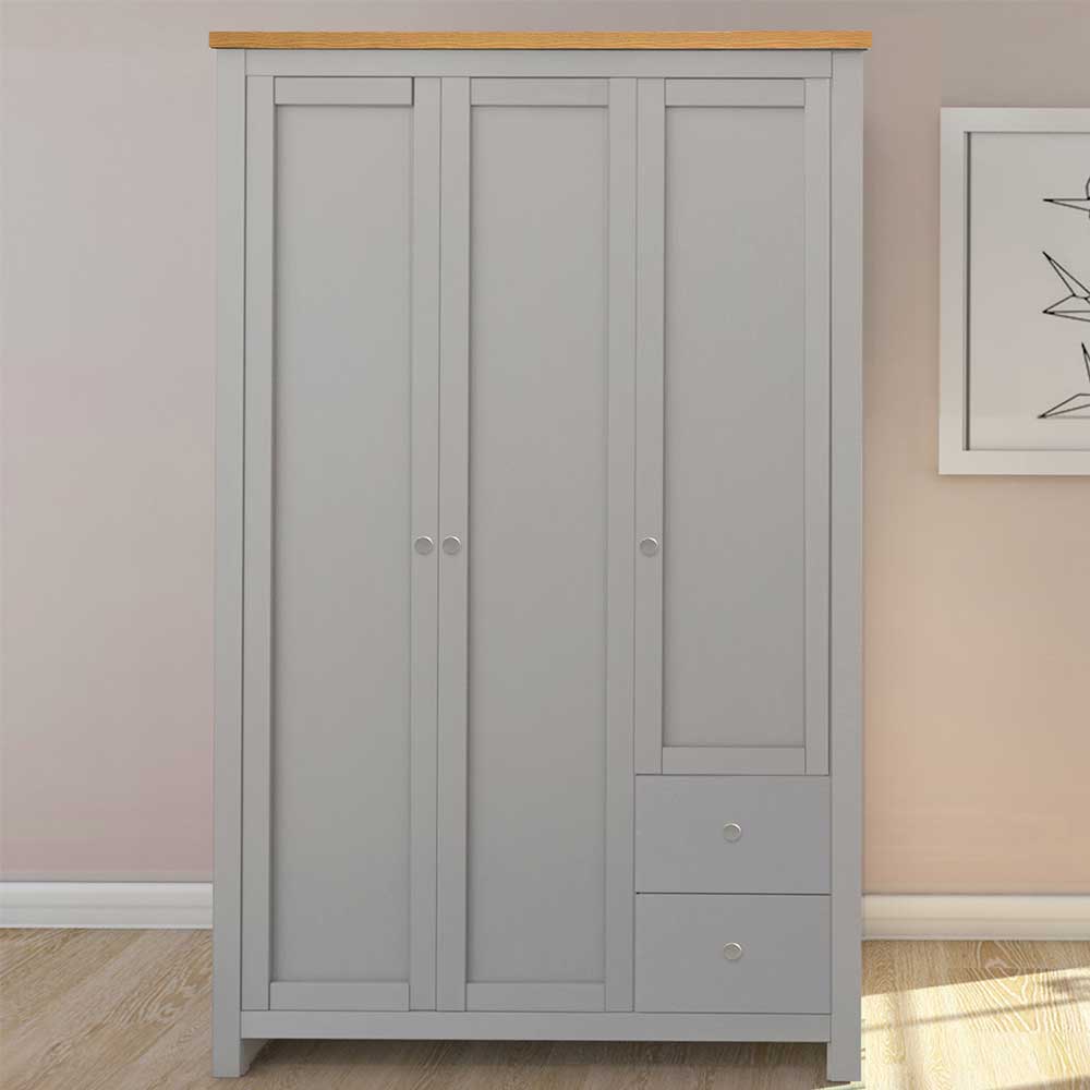 Landhausstil Drehtürenkleiderschrank Vulima in Grau und Eiche Optik 180 cm hoch