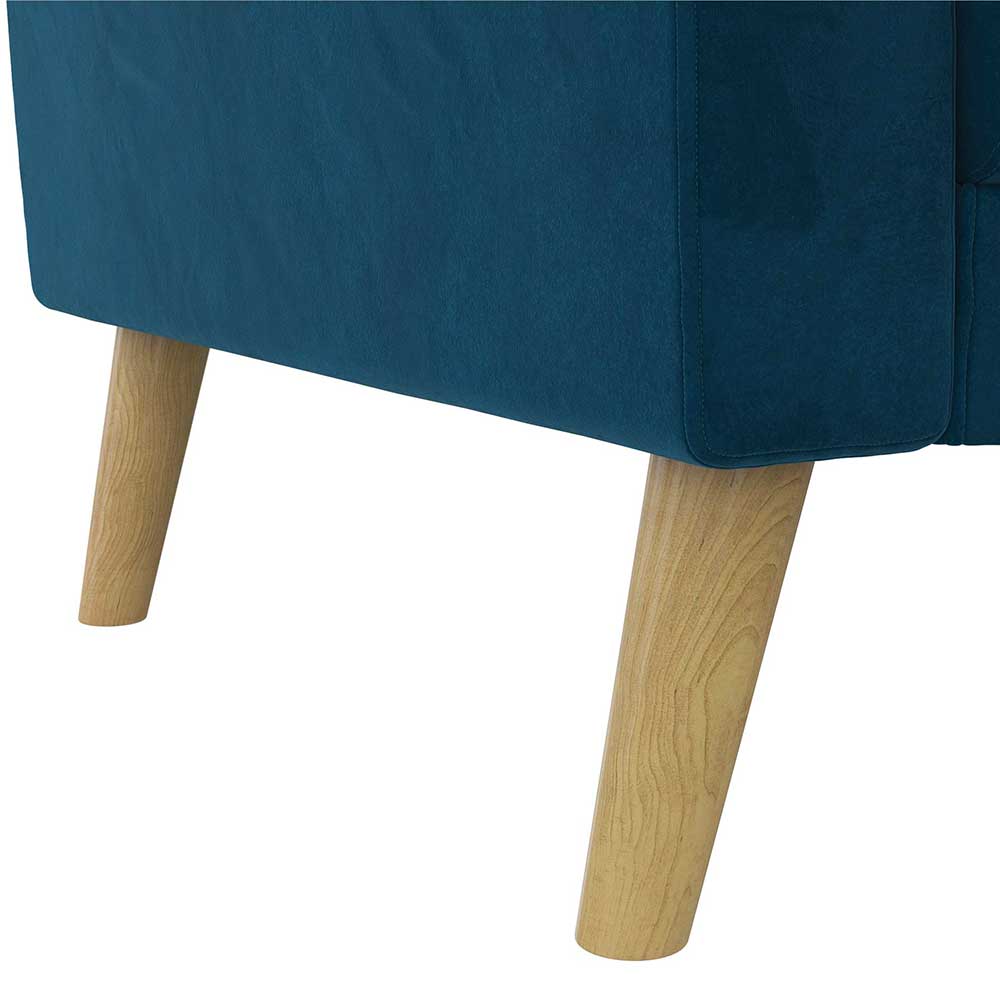 Retrostil Sofa Mutonios in Blau mit Vierfußgestell aus Holz