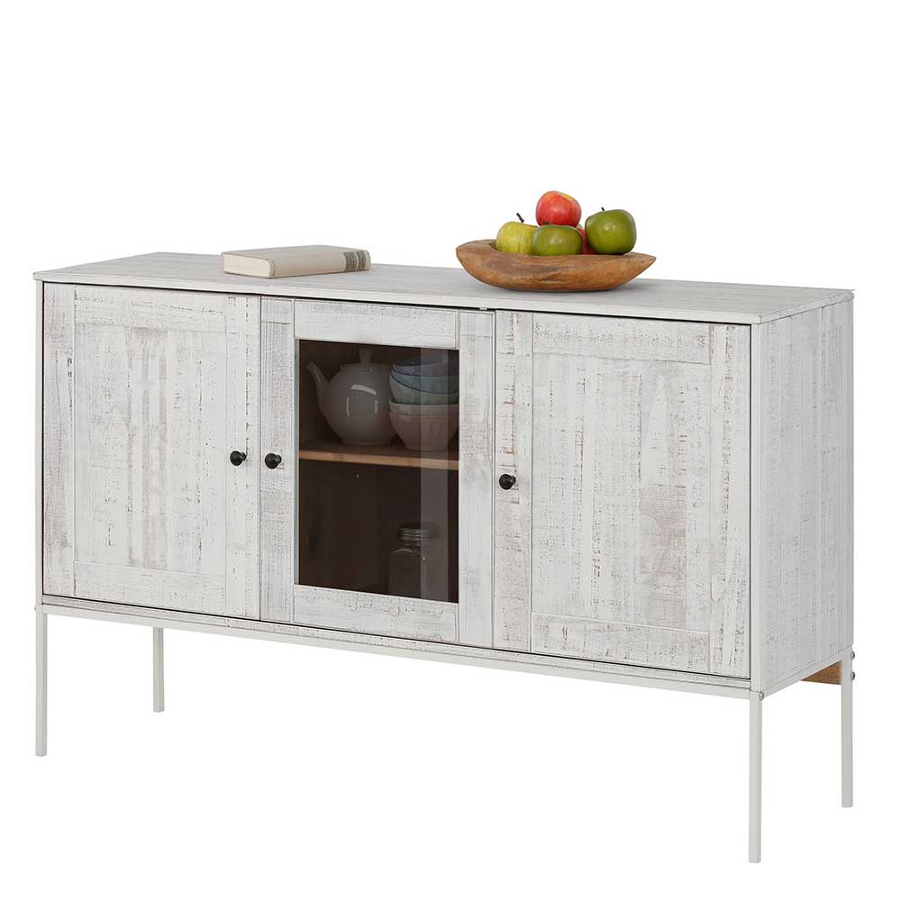 Sideboard Wareva aus Massivholz in Cremefarben mit Glastür