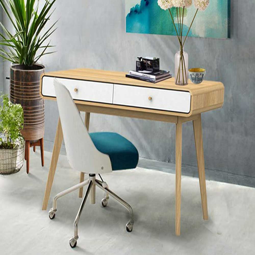 Skandi Design Büroschreibtisch Cendras in Weiß und Holz Naturfarben 120 cm breit