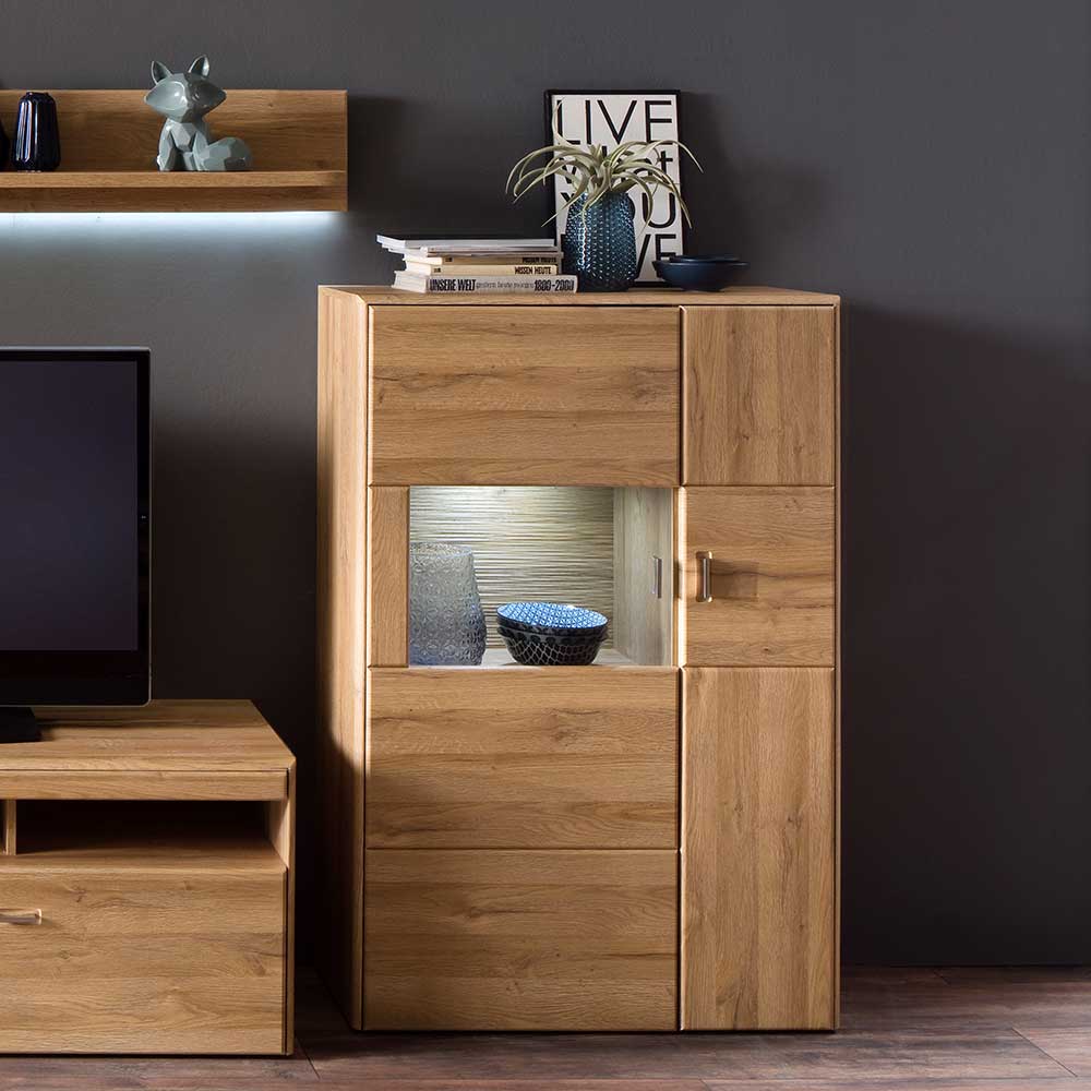 Wohnzimmer Highboard Zidrella in Wildeichefarben mit Glastür