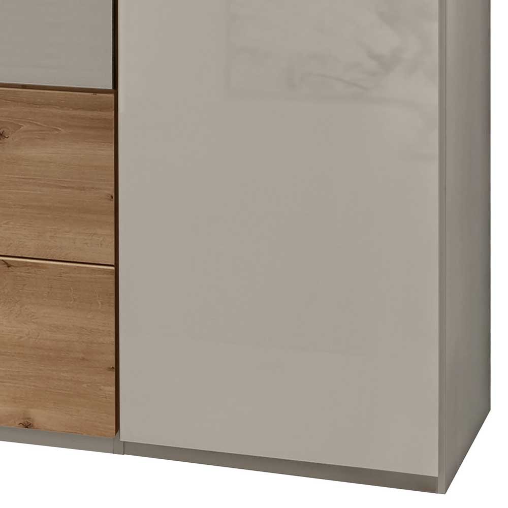 Kleiderschrank Glasfront Cruzca in Beige Schubladen Eiche Bianco