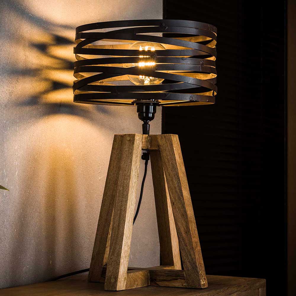 Tischlampe Teira in Dunkelgrau und Naturfarben 50 cm hoch Holz