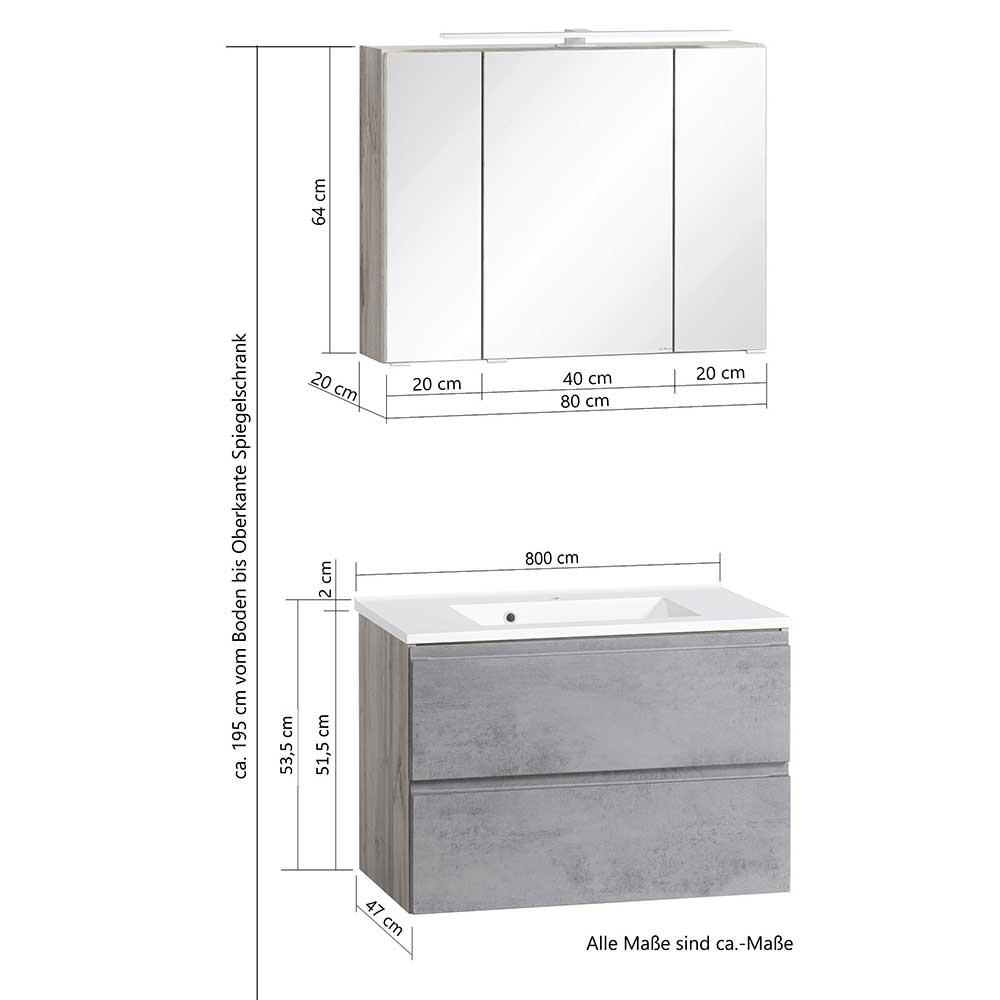 Waschtisch Set mit Spiegelschrank Tagma 80 cm breit Made in Germany (zweiteilig)