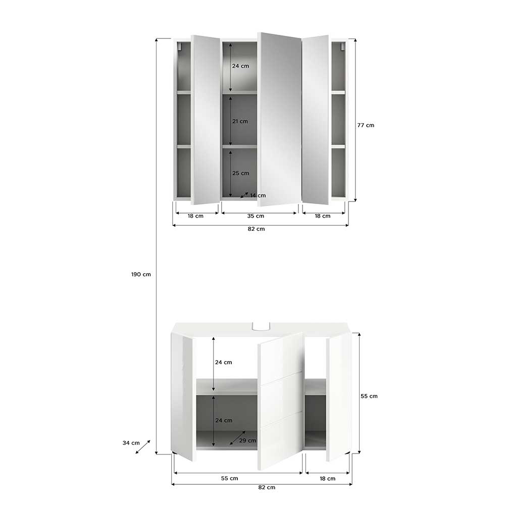 Weiße Badmöbel Adeass in modernem Design Hochglanz Front (zweiteilig)