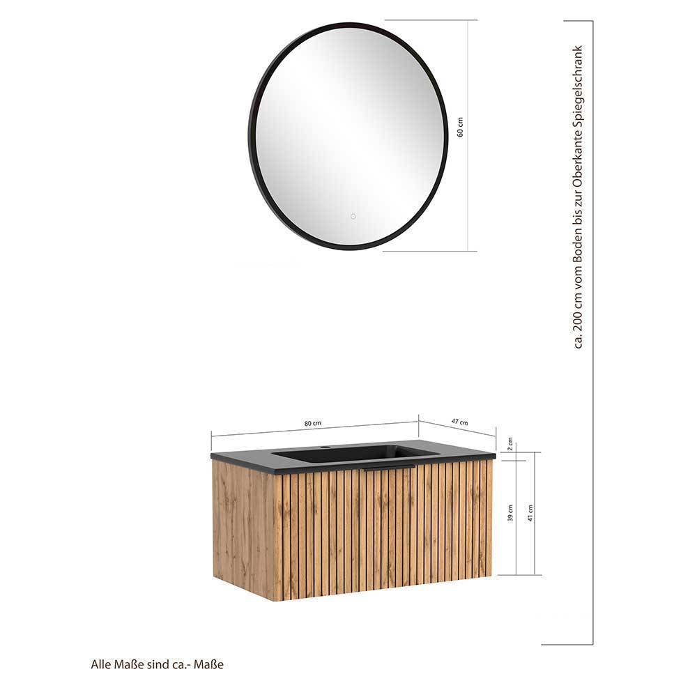 Badezimmermoebel modern Cadama in Wildeichefarben und Schwarz (dreiteilig)