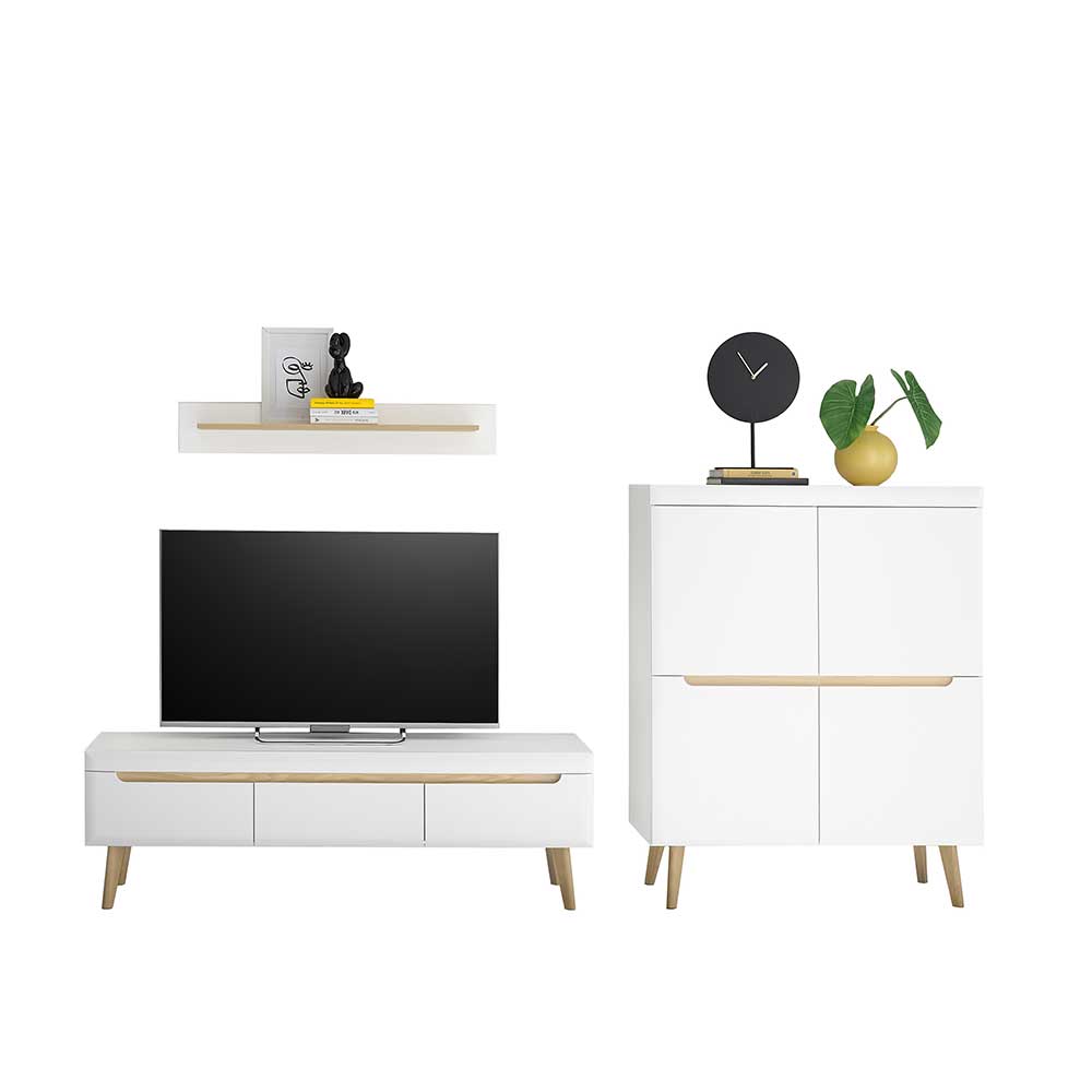 TV Wohnwand Jasturian 134 cm hoch im Skandi Design (dreiteilig)