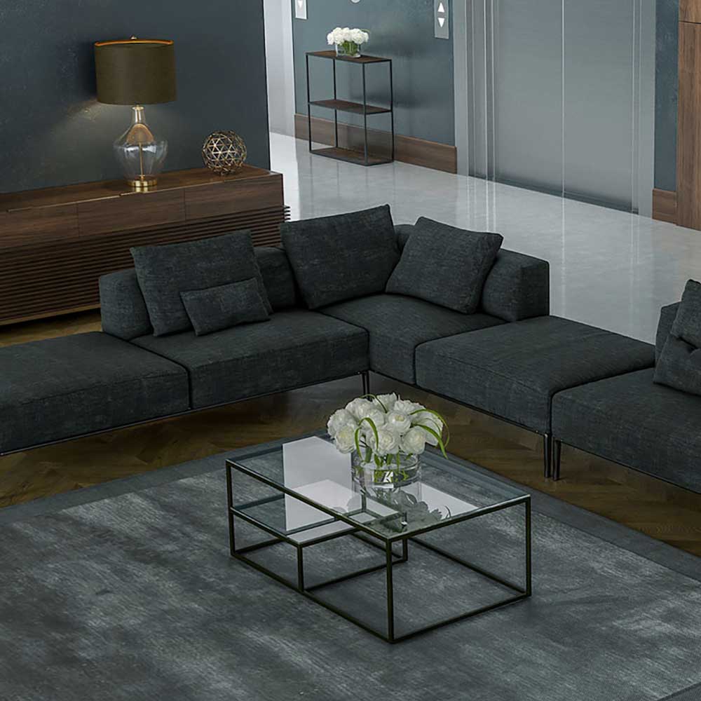 Couchtisch Lasson aus Glas und Stahl im Industry und Loft Stil