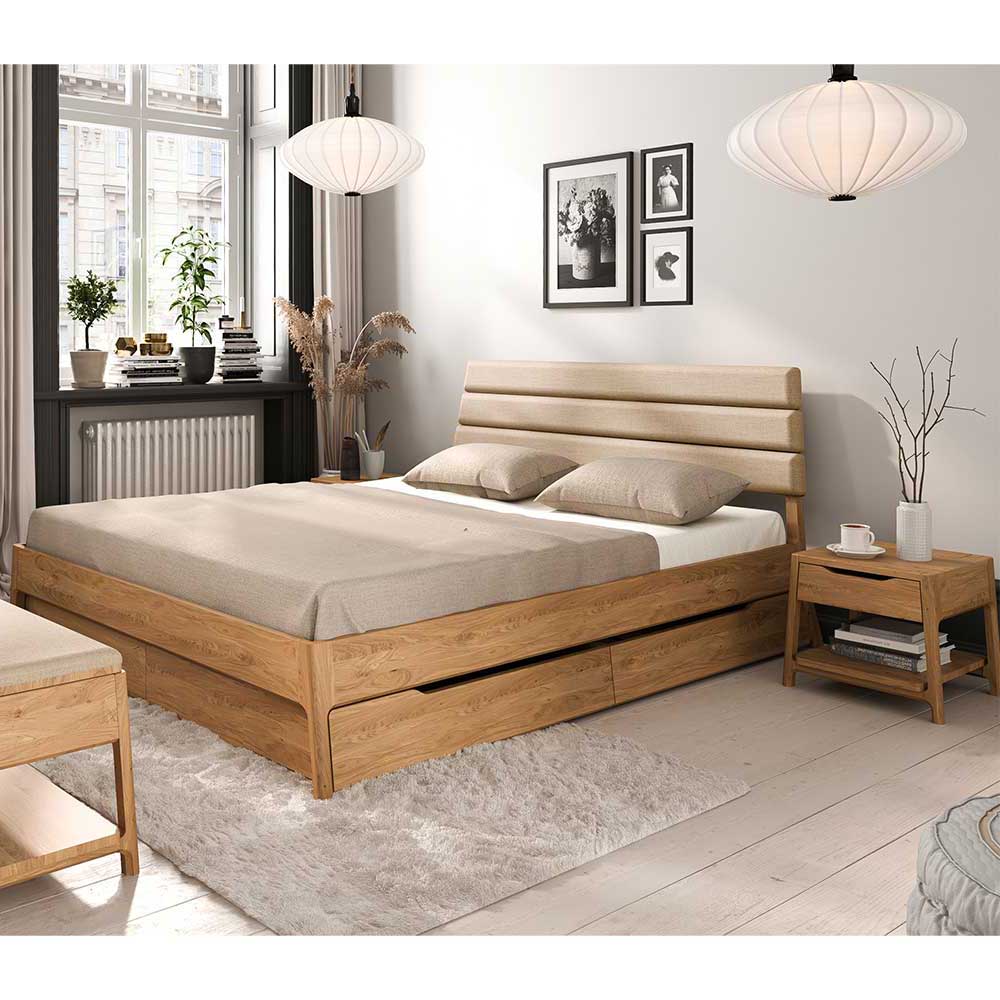 Massivholz Bett Fredellia in Wildeichefarben und Beige