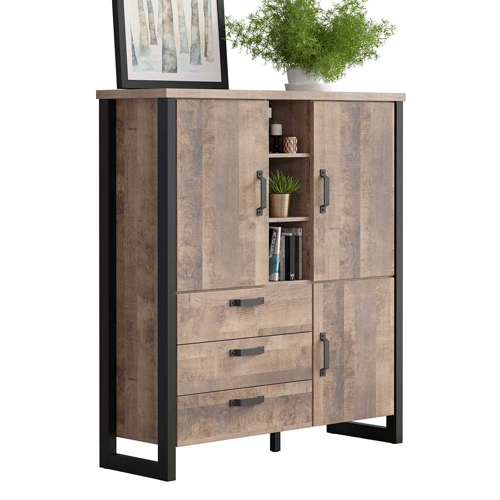 Industriestil Highboard Famosia mit drei Schubladen und drei Türen