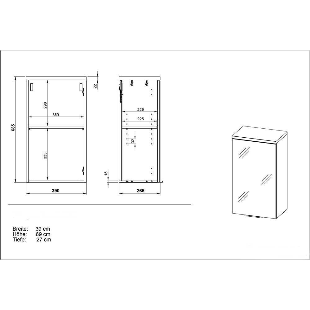 Badezimmermöbel Set Gramos in Weiß mit Glas beschichtet und Eichefarben (fünfteilig)