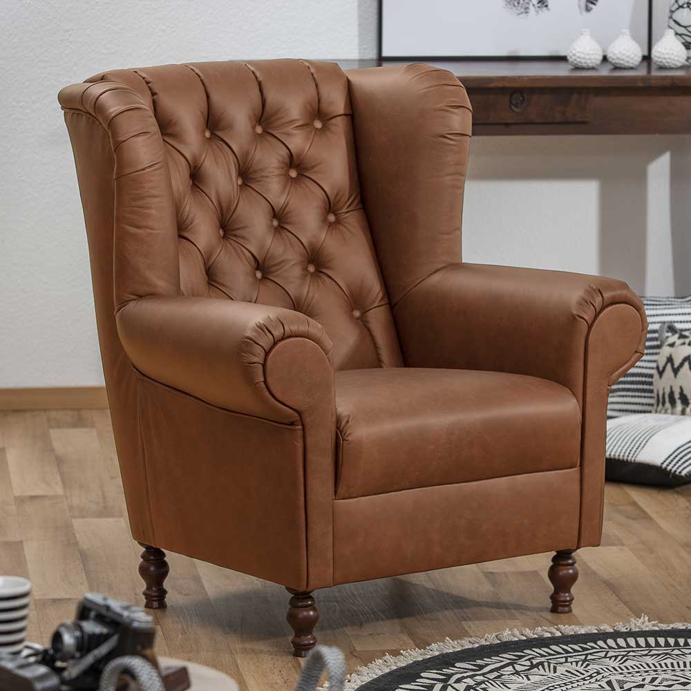 Chesterfield Look Kaminsessel Holdin in Cognac Braun aus Echtleder