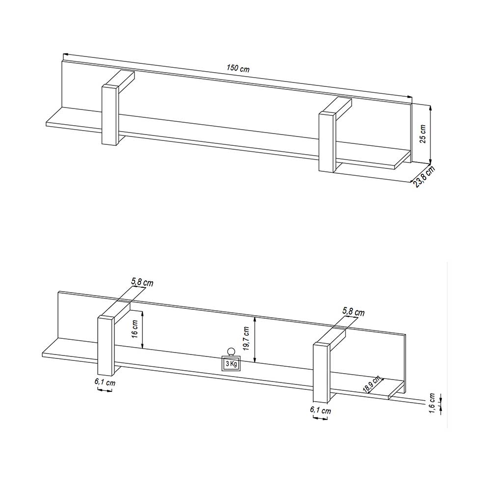 Wandboard Besi in Schwarz Melamin 25 cm hoch