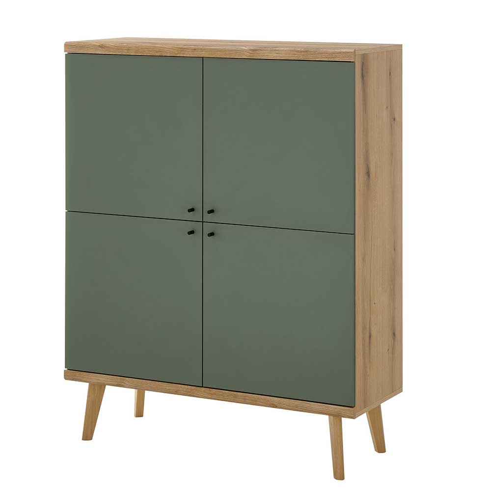 Wohnzimmer Highboard Lora in Graugrün und Wildeichefarben