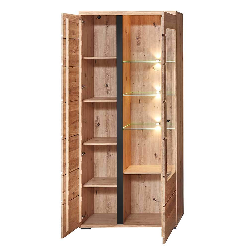 Wohnzimmervitrinenschrank Sebetino mit LED Beleuchtung 90 cm breit