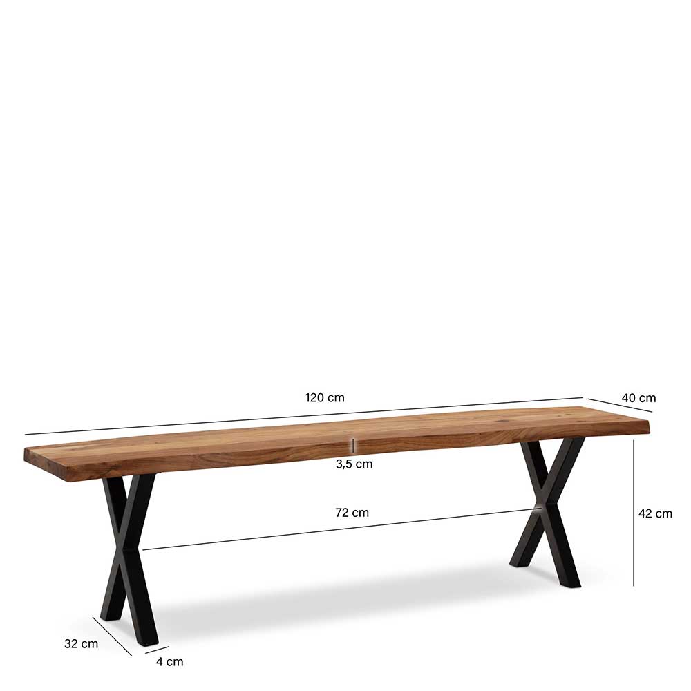 Sitzbank Shajan mit X Fußgestell aus Metall und Massivholz Oberfläche