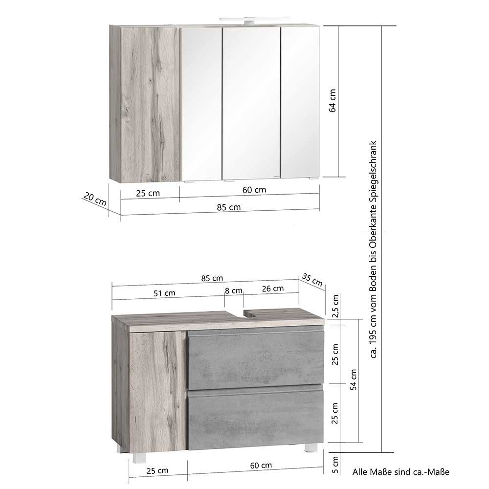 3-teiliges Badmöbel Set Fregato in Wildeichefarben und Dunkelgrau (dreiteilig)