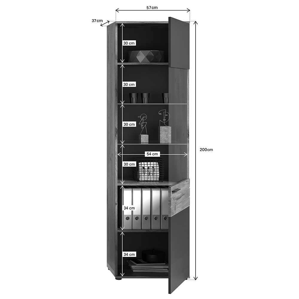 Wohnzimmervitrinenschrank Plestna 200 cm hoch und 57 cm breit