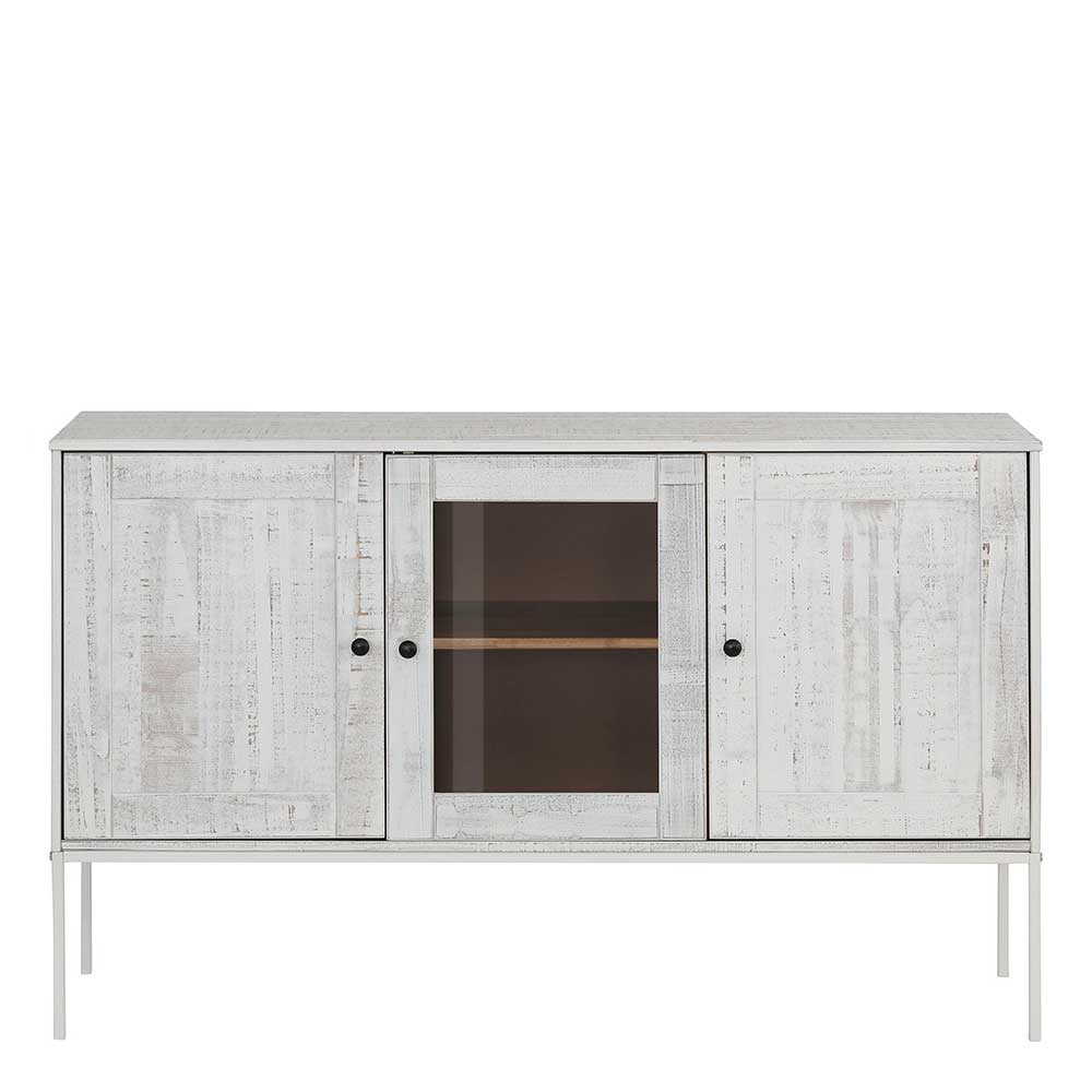 Sideboard Wareva aus Massivholz in Cremefarben mit Glastür