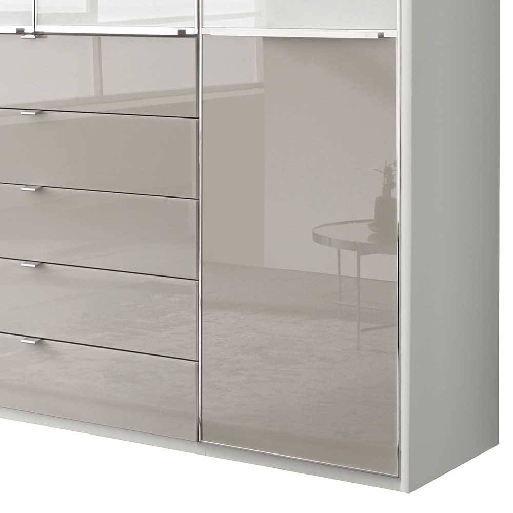 Bicolor Kleiderschrank Latina Front glasbeschichtet mit fünf Schubladen