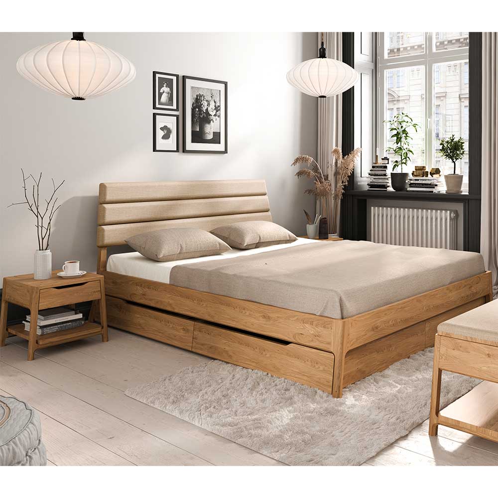 Bett 140x200 Vilarilo in modernem Design aus Wildeiche Massivholz