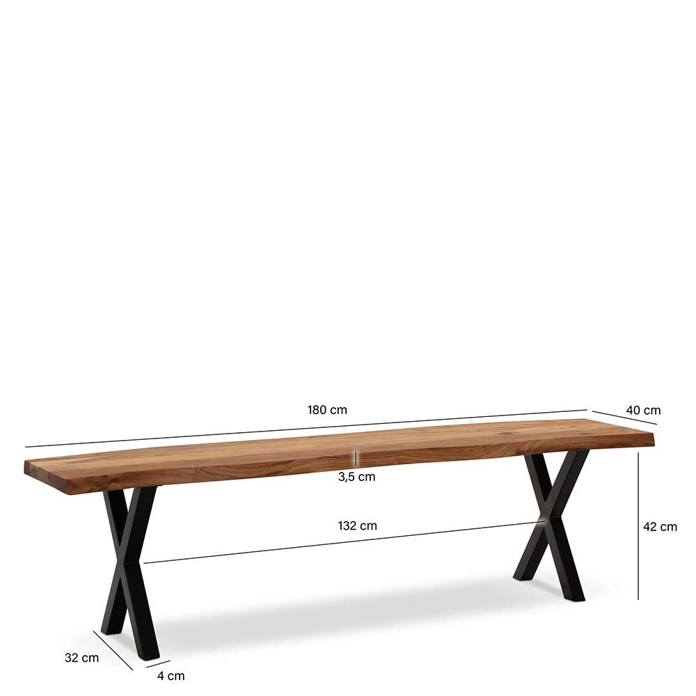 Sitzbank Shajan mit X Fußgestell aus Metall und Massivholz Oberfläche