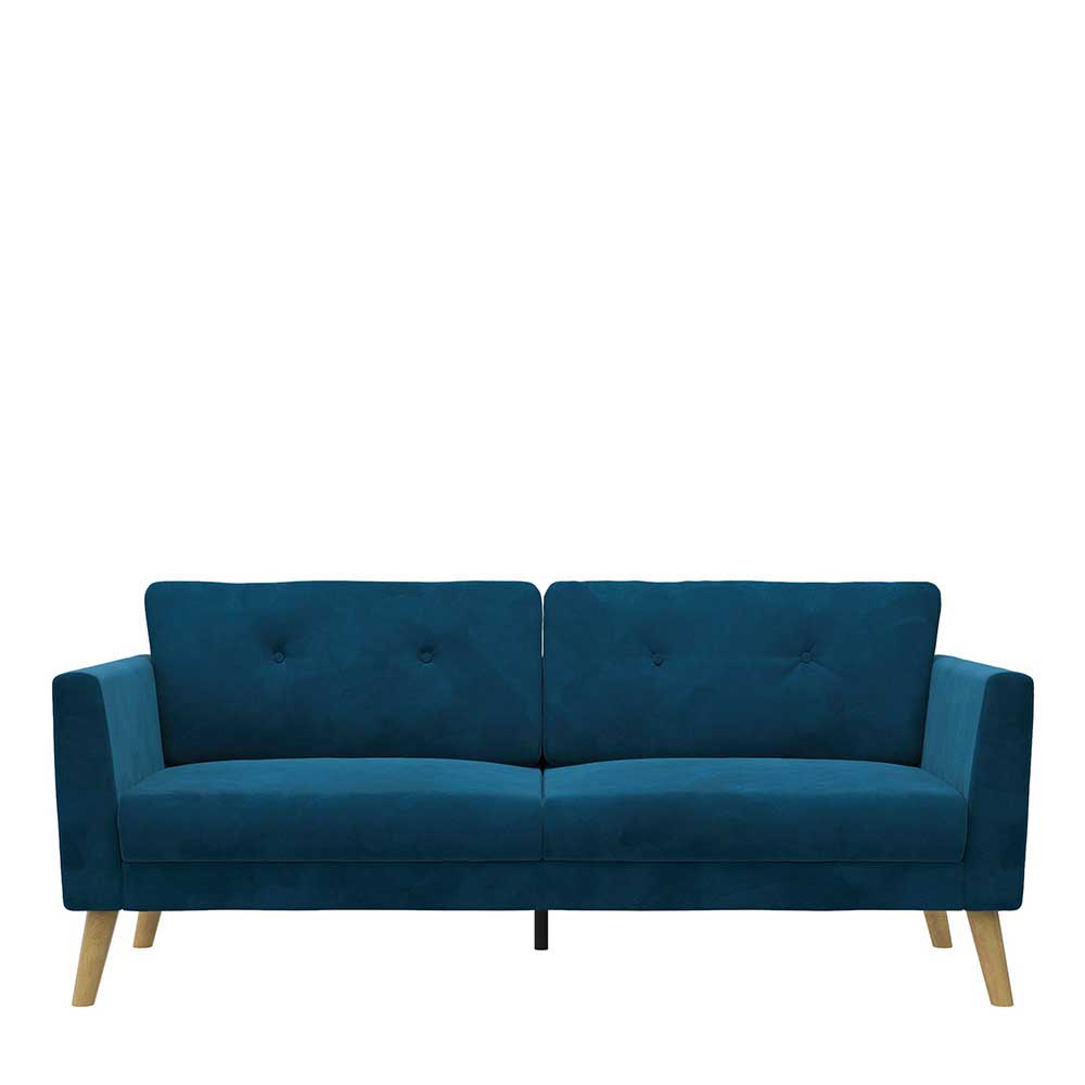 Retrostil Sofa Mutonios in Blau mit Vierfußgestell aus Holz