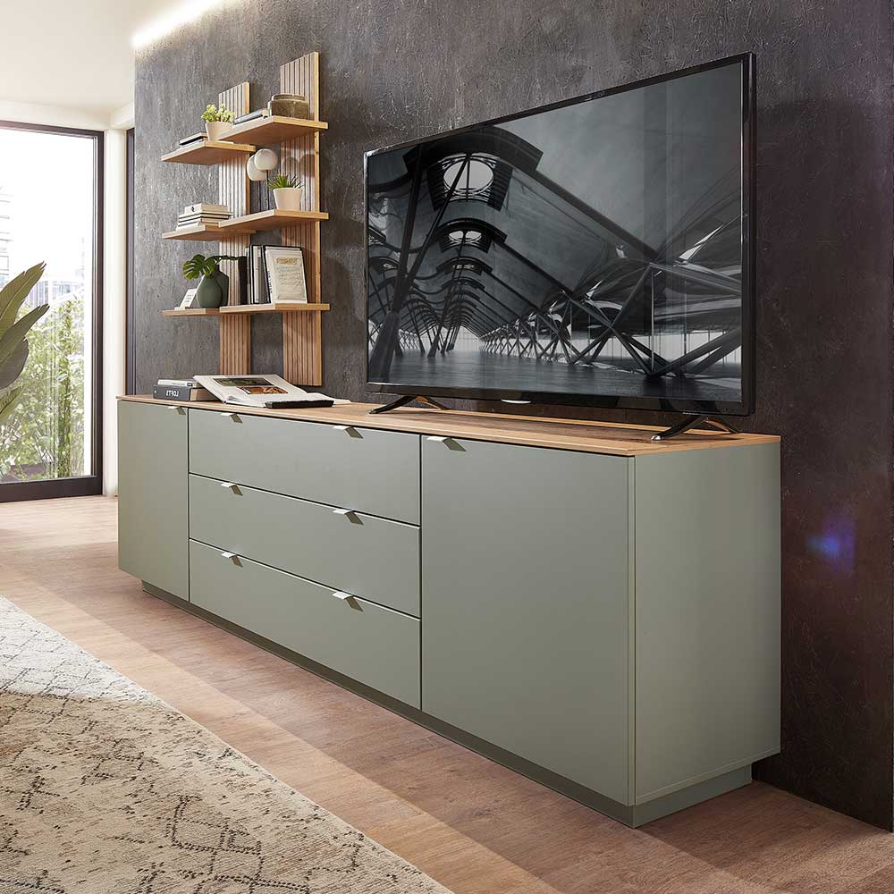 Wohnzimmer-Sideboard Ilussiana in Graugrün und Wildeichefarben