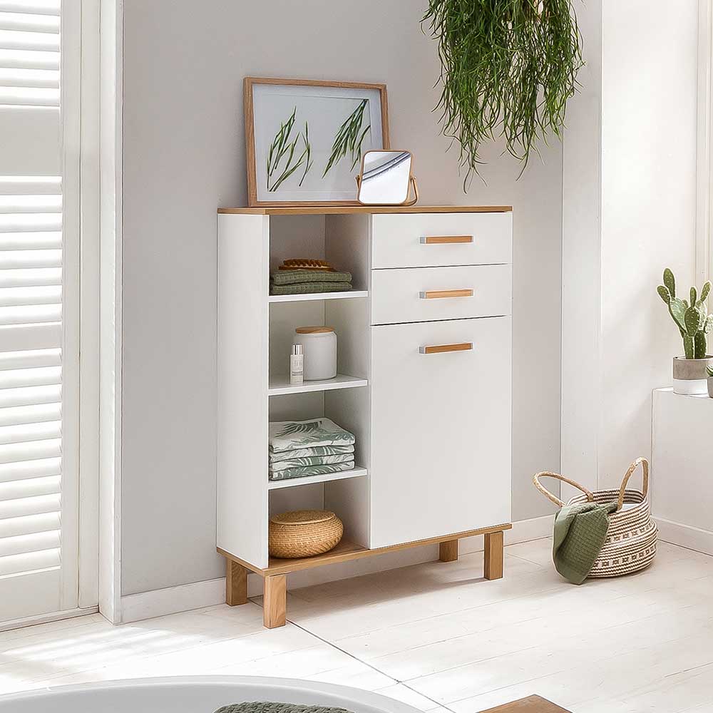 Badschrank Miscros im Skandi Design mit Holzgriffen