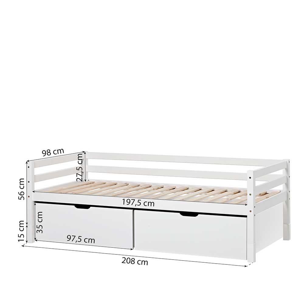 Stauraumbett Meckey mit Vierfußgestell aus Holz in Weiß