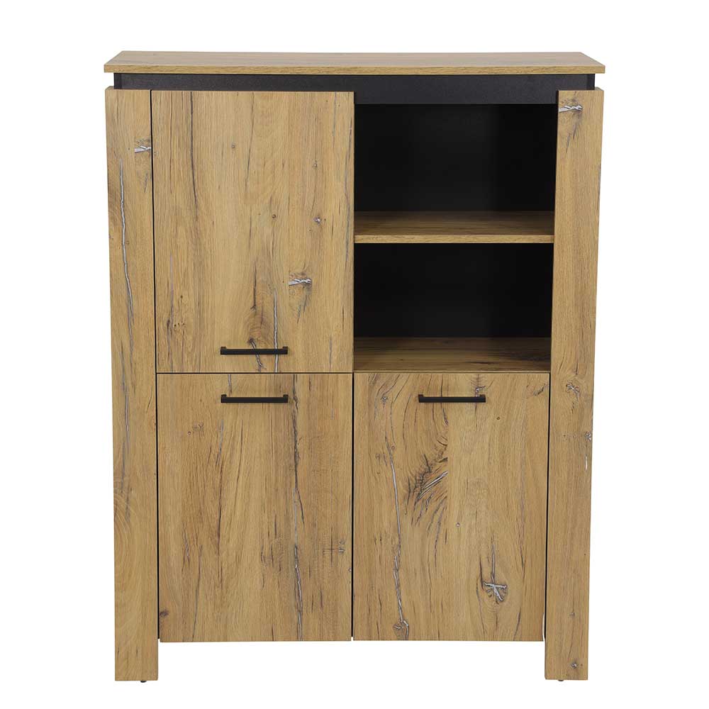 Modernes Highboard Maduera in Zinneichefarben und Schwarz 3 türig