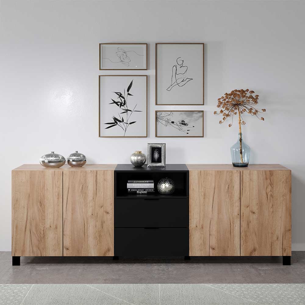 Esszimmersideboard Acadonia in Eiche dunkel und Schwarz 227 cm breit