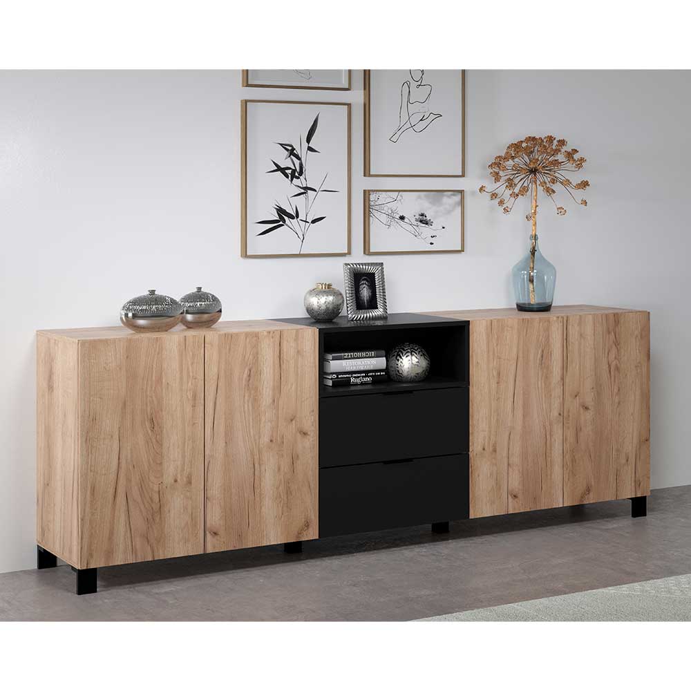 Esszimmersideboard Acadonia in Eiche dunkel und Schwarz 227 cm breit