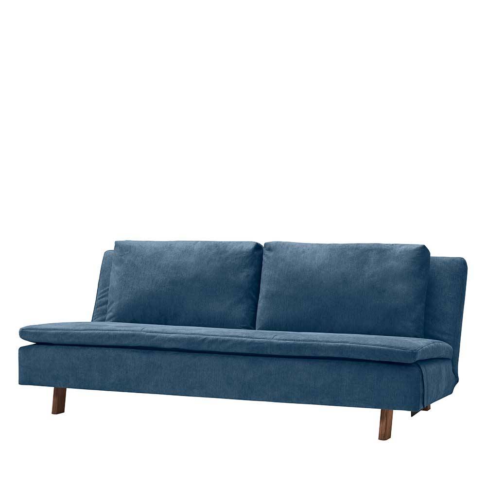 Blaues 2er Schlafsofa Coltes aus Microvelour und Eiche Massivholz